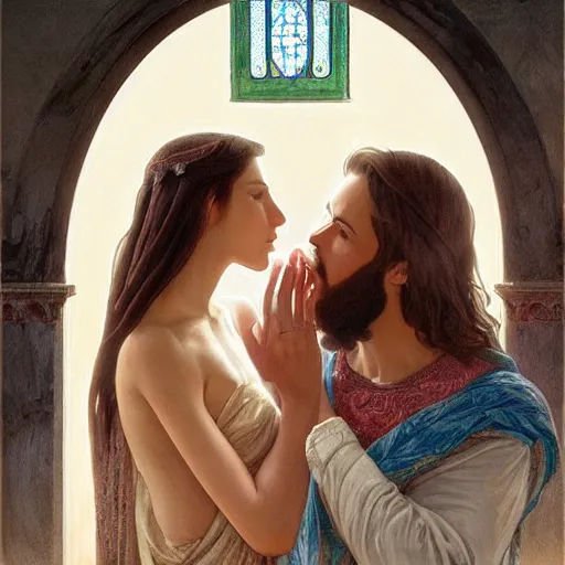 Image similar to jesus kissing a sensual woman in jerusalem, elegant, highly detailed, digital painting, artstation, concept art, matte, sharp focus, highly detailed, 4 k, hdr, smooth, sharp focus, high resolution, award - winning photo, photorealistic, art by artgerm and greg rutkowski and alphonse mucha, large shot