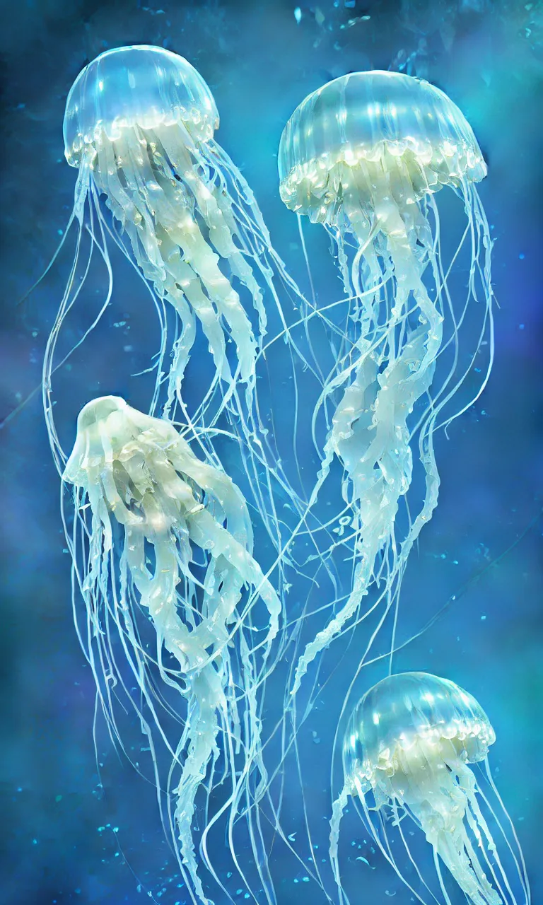 Prompt: detailed jellyfish, blue tones, underwater, full frame, highly detailed, digital painting, artstation, concept art, smooth, sharp focus, illustration, art greg rutkowski and alphonse mucha