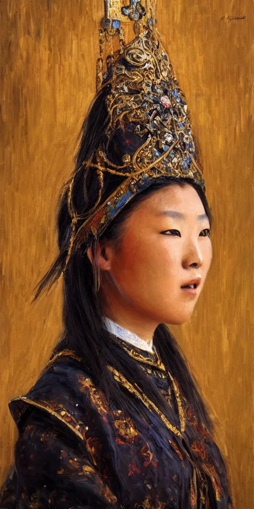 Prompt: Highly detailed and cinematic Impressionism style oil painting of an Mongolian princess face portrait, an oil painting ((masterpiece)) by ((Josep Tapiró Baró)), RPG portrait, dynamic lighting, 8K