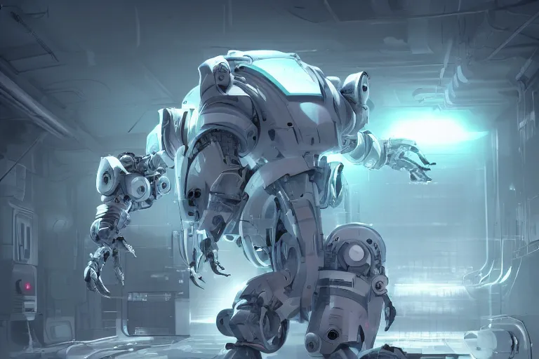 Prompt: parallax datacenter server room single mono colossus white rusty android robosaurus in artstation cinematic detailed concept art volumetric light sharp coherent cgsociety very very beautiful