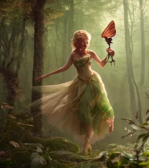 Image similar to evil tinker bell flying in an enchanted forest, flawless symmetrical pretty cute face, greg rutkowski, 8 k, shallow depth of field, intricate detail, concept art,