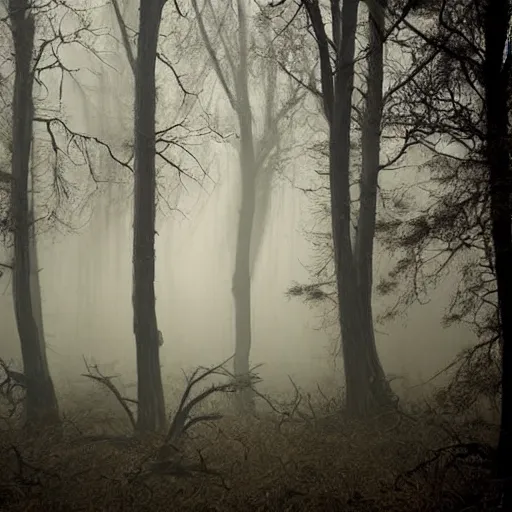 Image similar to i am looking for a horror image that includes a dark, foreboding forest with twisted, gnarled trees. there should be a foggy, ethereal quality to the image, and the light should be dim and eerie. i would like the image to include at least one figure, who should be shrouded in darkness.