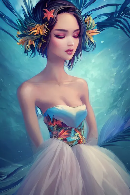 Image similar to a beautiful fashion goddness of love, chic strapless dress, tropical sea background, character design, in the style of artgerm, and wlop, cinematic lighting, hyperdetailed, 8 k realistic, symmetrical, global illumination, radiant light, frostbite 3 engine, cryengine, dof, trending on artstation, digital art