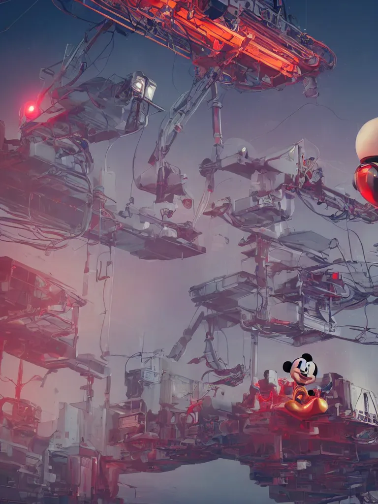 Prompt: graphic art of dystopian futuristic 1 0 mechanic surgeons in space suits, operate on a huge mickey mouse! severed - head!! held by a crane. ominous glowing red netflix!!! sign in the background, trending on art station, beeple