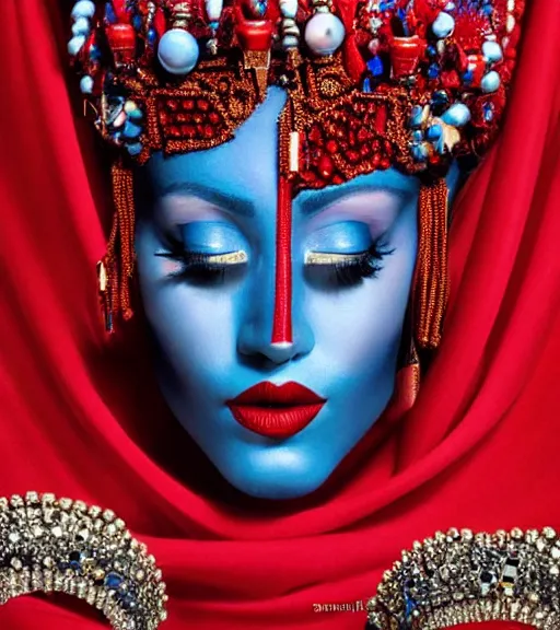 Prompt: an 8 0 s portrait of a woman with dark blue eye shadow and red lips with dark slicked back hair, a mask of beads and jewels hanging from a crown by serge lutens, rolf armstrong, delphin enjolras, background of classic red cloth