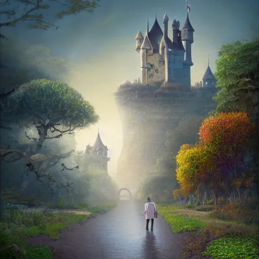 Image similar to a man walking down a road with a castle floating in the sky, a detailed matte painting by Chris LaBrooy, shutterstock contest winner, fantasy art, matte painting, cinematic