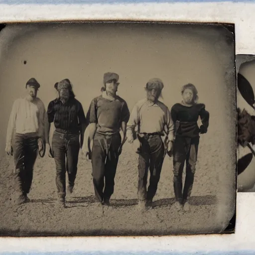 Image similar to group of worn down youths walking through nevada desert, carrying bindles, 2 0 3 7 tintype photograph