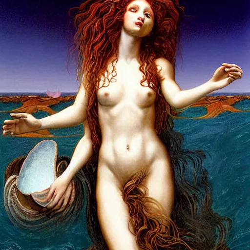 Image similar to The print depicts the moment when the goddess Venus is born from the sea. She is shown standing on a giant clam shell, with her long, flowing hair blowing in the wind. The print is full of light and color, and Venus looks like she is about to step into a beautiful, bright future. renaissance painting by Wayne Barlowe gloomy