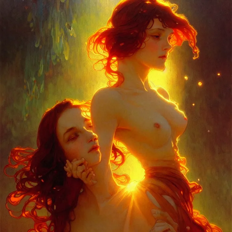 Image similar to glossy liquid honey drops flowing like translucent amber, backlit, sunset, refracted lighting, art by collier, albert aublet, krenz cushart, artem demura, alphonse mucha