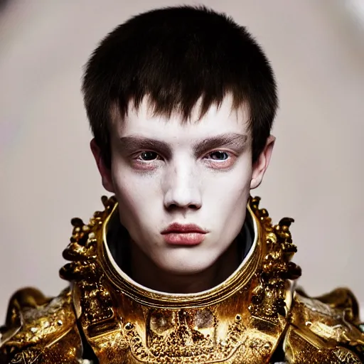 Image similar to a portrait of a beautiful young male wearing an alexander mcqueen armor made of candle wax , photographed by andrew thomas huang, artistic