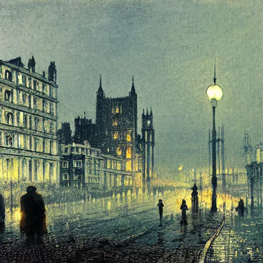 Prompt: London during an air raid, artwork by John Atkinson Grimshaw