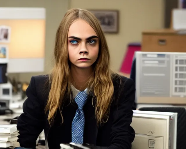 Prompt: very very very very cara delevingne in the The Office TV show