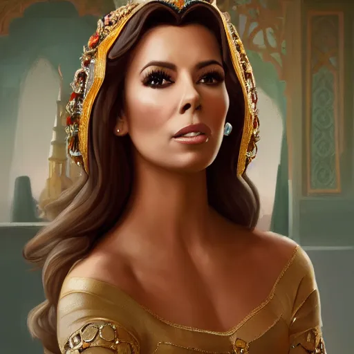Image similar to a portrait of eva longoria as an arabian princess in a disney movie, crown!! oil painting, pale colors, high detail, 8 k, wide angle, trending on artstation,