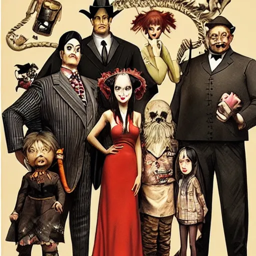 Prompt: the addams family as hillbillies in texas y j. c. leyendecker, yoji shinkawa, katayama bokuyo