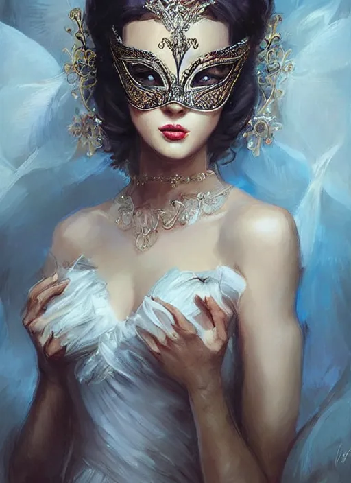 Prompt: a beautiful woman wearing an elaborate masquerade mask and matching ballgown, looking at the viewer with an alluring expression. painting by artgerm and greg rutkowski and magali villanueve