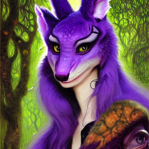 Image similar to a portrait of a female purple reptile in goth clothes at night in a dark forest. zootopia fursona furaffinity furry art detailed face painting by gaston bussiere craig mullins jc leyendecker gustav klimt artgerm greg rutkowski furry