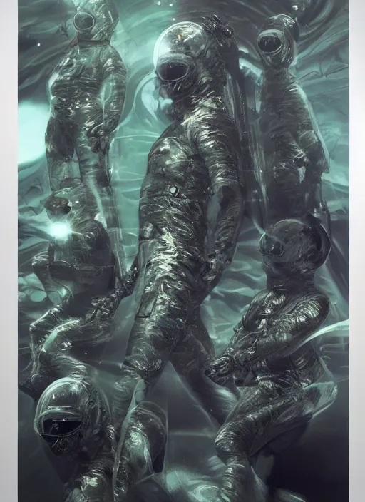 Image similar to astronauts in dark void underwater - complex and hyperdetailed technical suit. reflection and dispersion materials. rays and dispersion of light. volumetric light. f / 3 2. noise film photo. flash photography. ultra realistic, wide angle. poster by wayne barlowe, hajime sorayama aaron horkey, craig mullins