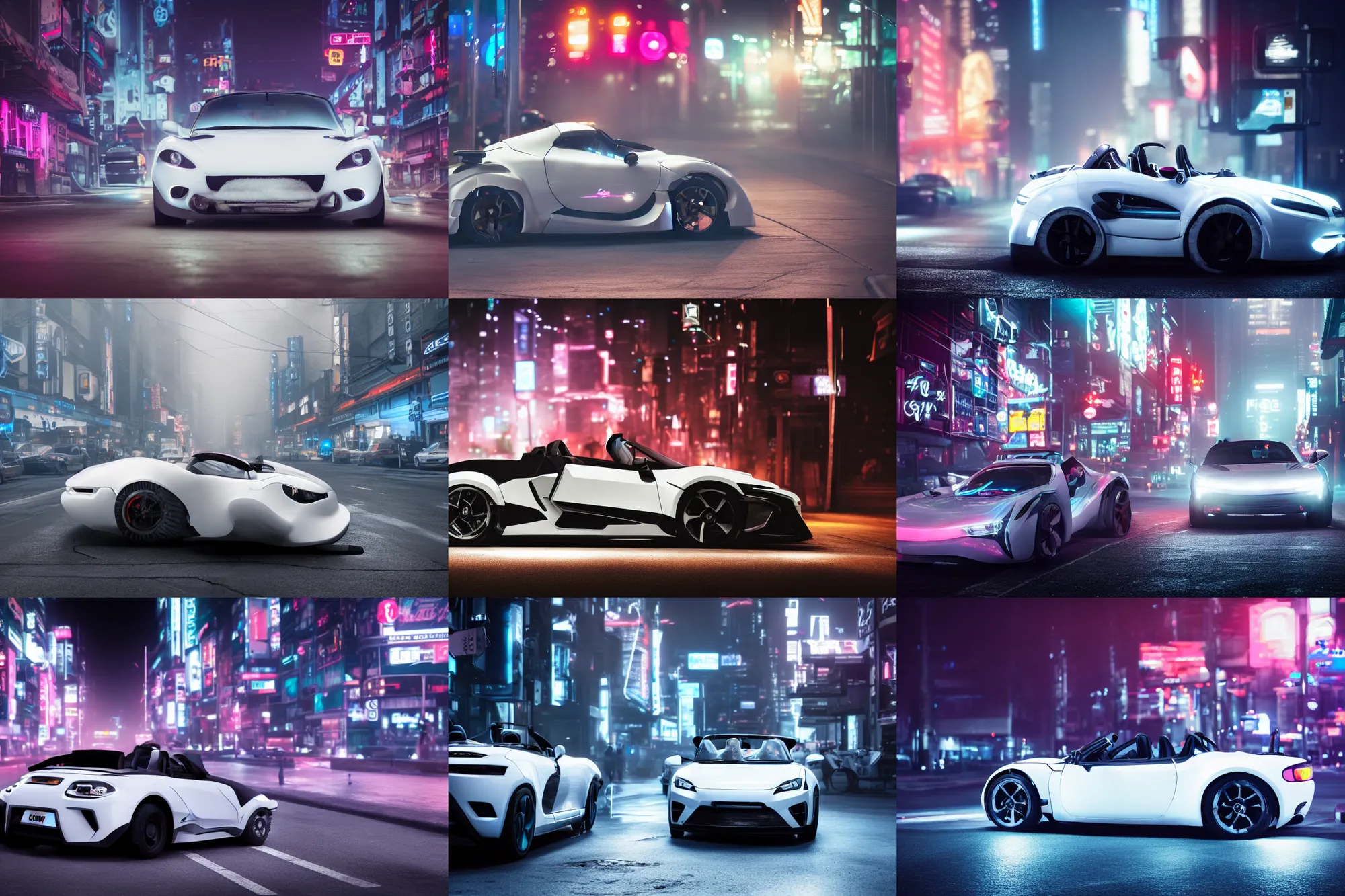 Prompt: a cool roadster with white fur material and looks like a panda parking in the street, foggy, Cyberpunk, neon light, 4k, hd, highly detailed