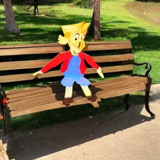 Image similar to pinocchio stuck on a bench with the long nose