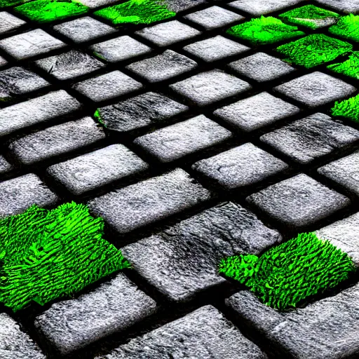 Prompt: pbr albedo texture of cobblestone pavement with moss between the cracks, substance designer, stylized, zbrush