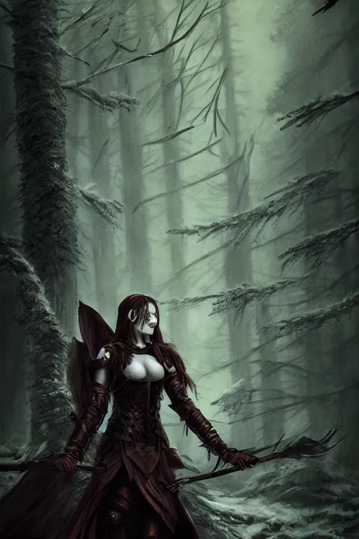 Image similar to dramatic dark forest scenery, girl with sharp fangs in hide leather armor, high fantasy concept art, poster