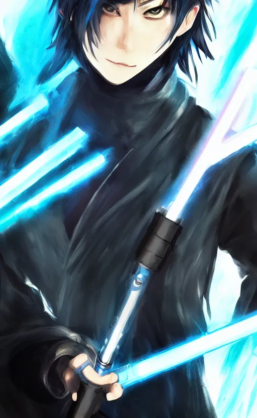 Prompt: anime boy with messy blue hair wearing black long jacket holding an dual blade lightsaber, WLOP, concept art, digital painting, trending on artstation, highly detailed, epic composition, 8k UHD