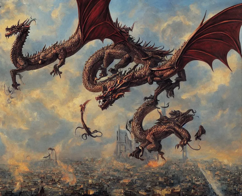 Prompt: A gigantic dragon attacking Paris painting