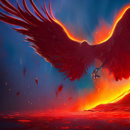 Image similar to phoenix rising from the ashes, digital painting, ash particles, volumetric light, artwork by Tom Thomson, wallpaper download, artstation