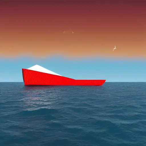 Image similar to steel structure architecture building in the middle of sea with a volcano background, red ship, blue color scheme, realistic, 8 k, artstation.