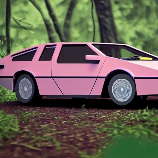 Image similar to primitive, low polygon render of a pink delorean in the jungle
