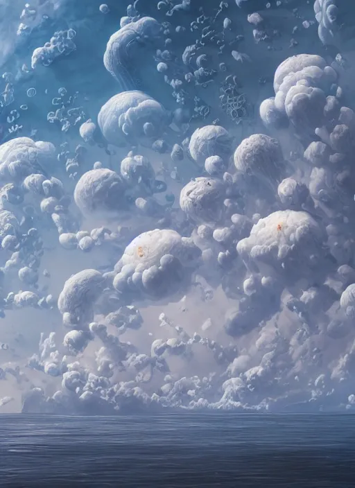 Prompt: high intricate melting tremella - fuciformis formed clouds over an ocean surface, maria panfilova, andrea savchenko, mike kime, ludovic plouffe, qi sheng luo, oliver cook, makoto shinkai, trending on artstation