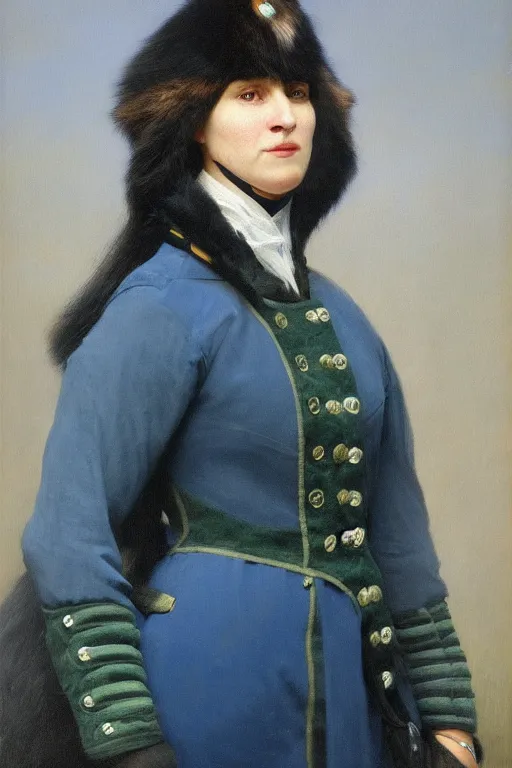 Prompt: facial portrait of the empress of the minnesota timberwolves, 1 8 8 9, in full military garb, midnight blue, aurora green, lake blue, moonlight grey, oil on canvas by william sidney mount, trending on artstation
