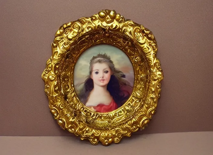 Image similar to beautiful baroque circular portrait picture frame, royal, gilded with gold, magical, fantasy, metallic