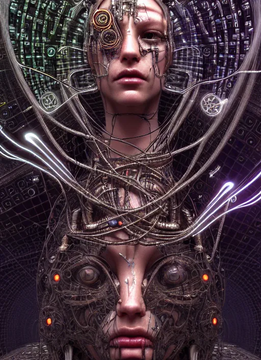 Image similar to timeless cybernetic deity with circuitry skin and networked mind tripping on acid, intricate detail, royo, whealan, giger, klimt, hd, octane render, unreal engine,