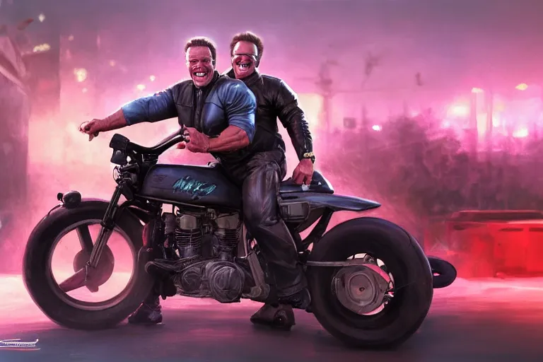 Image similar to Arnold Schwarzenegger grinning maniacally while riding a miniature motorbike, hyperrealistic, concept art, illustration, 8k, cinematic, digital painting, very detailed, volumetric lighting, artstation, unreal engine, vivid colors