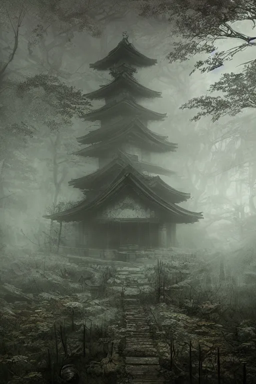 Image similar to Japanese abandoned temple in the woods, dark, moody, foggy, mysterious by Marc Simonetti