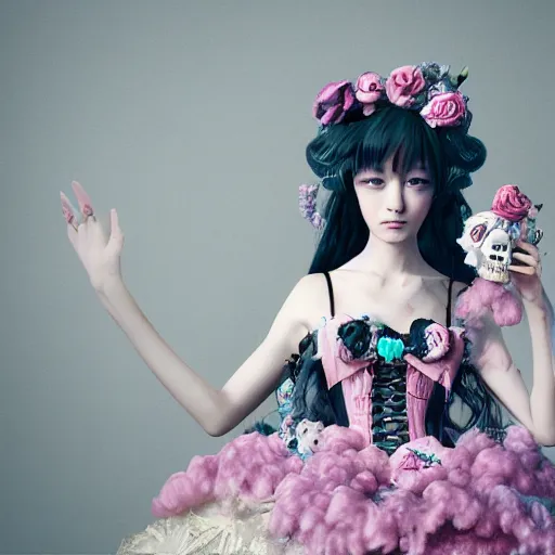 Image similar to 8 k, octane render, realism, tonalism, renaissance, rococo, baroque, portrait of a creepy young lady wearing long - harajuku manga - dress with flowers! and skulls, cotton candy