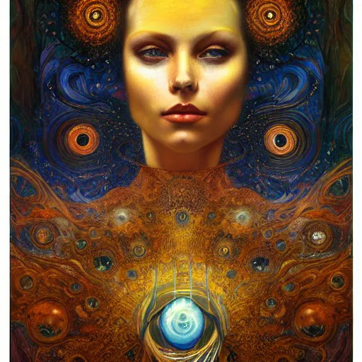 Image similar to Visions of Hell by Karol Bak, Jean Deville, Gustav Klimt, and Vincent Van Gogh, beautiful visionary mystical portrait, otherworldly, fractal structures, ornate gilded medieval icon, third eye, spirals