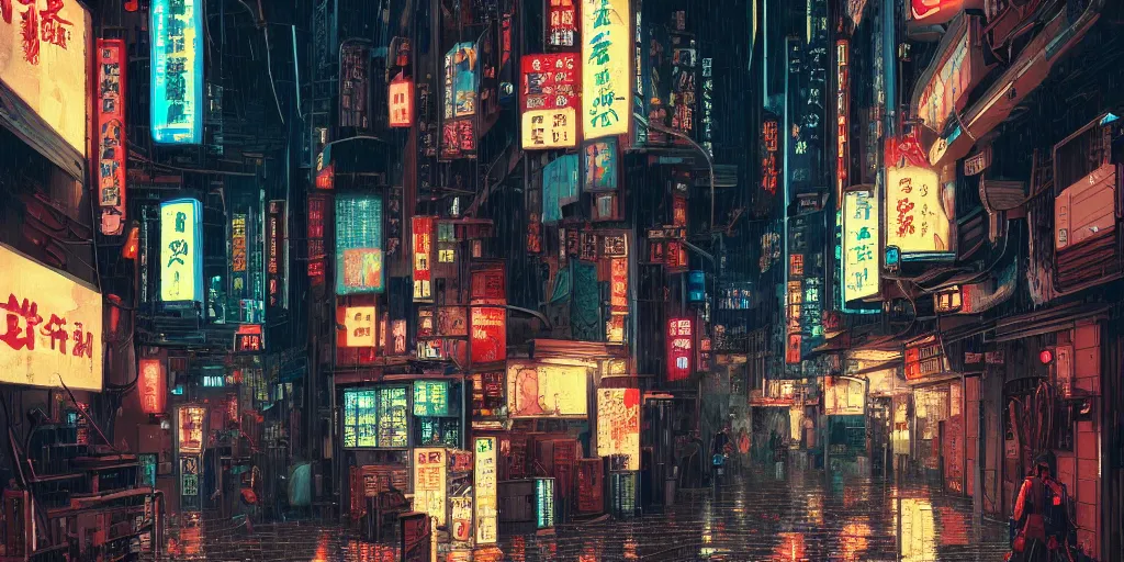 Image similar to Cyberpunk back alley with minimal number of neon lighting on a rainy day in Japan, low angle view, detailed matte painting, cinematic, Moebius, Artstation