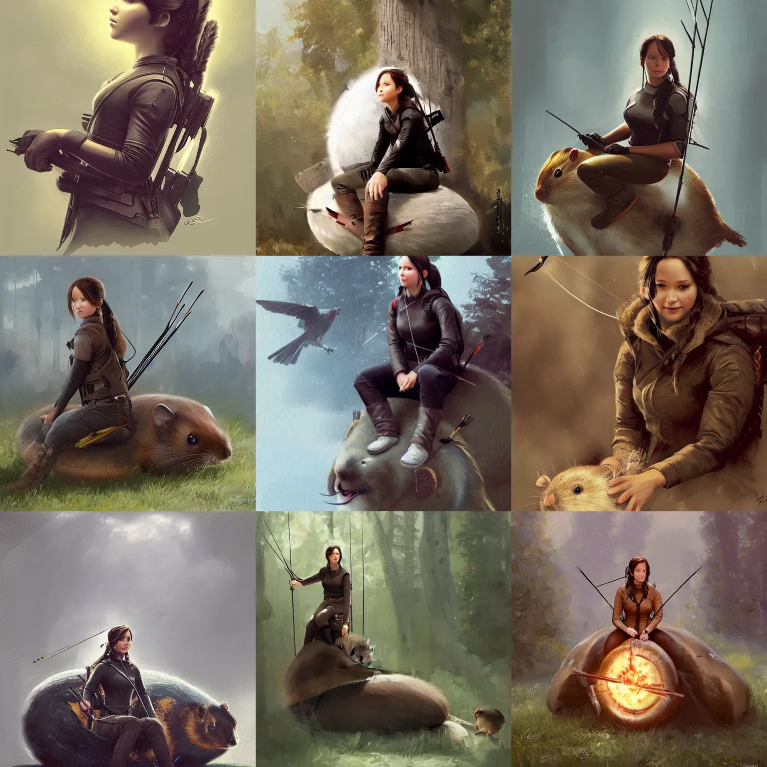 Prompt: katniss everdeen sits on a giant hamster, digital art by greg rutkowski