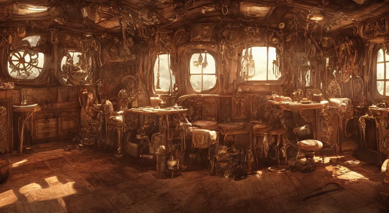 Prompt: interior of a traditional gypsy caravan, steampunk, octane render, trending on artstation