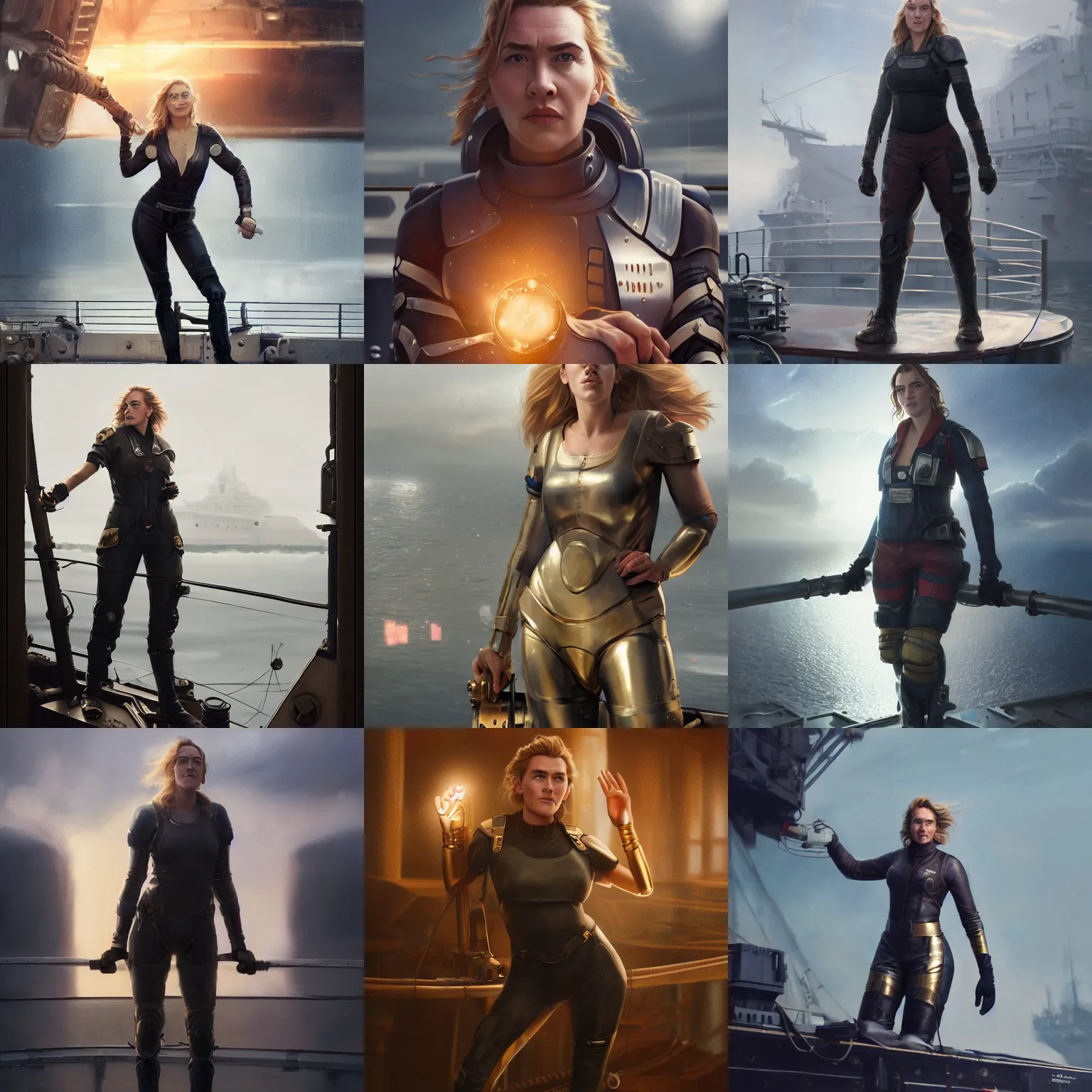 Prompt: a heroic portrait of young Kate Winslet mechanic with one prosthetic metallic gauntlet standing on a ship deck by Greg Rutkowski, ultra realistic, Sung Choi, photorealistic 8k, cinematic lighting, HD, high detail, atmospheric, trending on artstation