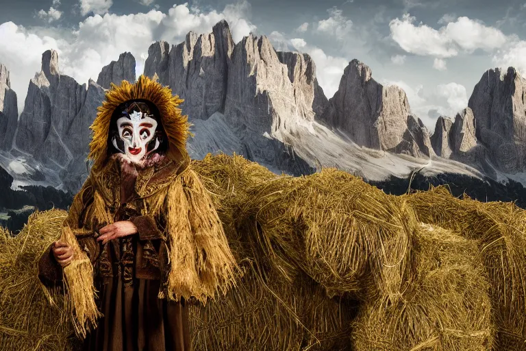 Prompt: portrait of a tyrolean folklore mask, wearing hay coat, with horns, eerie, flowers growing out of his body, dolomites in the background, detailed intricate insanely detailed octane render, 8k artistic 1920s photography, photorealistic, chiaroscuro, by David Cronenberg, Raphael, Caravaggio