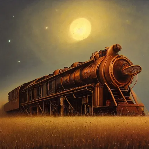 Image similar to an enormously and highly realistic and detailed concept painting of a old Steam locomotive made of locusts racing towards infinity in space , art by Beksinski, Vlad Gheneli, Andreas Rocha, john howe, albert Bierstadt, alena, rectilinear, octane render., trending on artstation.