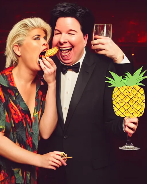 Image similar to A drunk Michael Mcintyre with a blonde woman eating pineapple in a nightclub,real life skin, intricate, elegant, highly detailed, artstation, concept art, smooth, sharp focus, photo