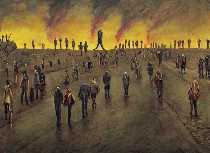 Image similar to an oil painting of a line of people walking into the distance, fire on the horizon, by marc simonette and alexander jansson, junji ito, concept art