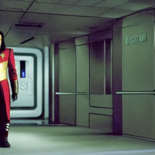 Image similar to a Klingon standing in a Star Trek Federation hallway