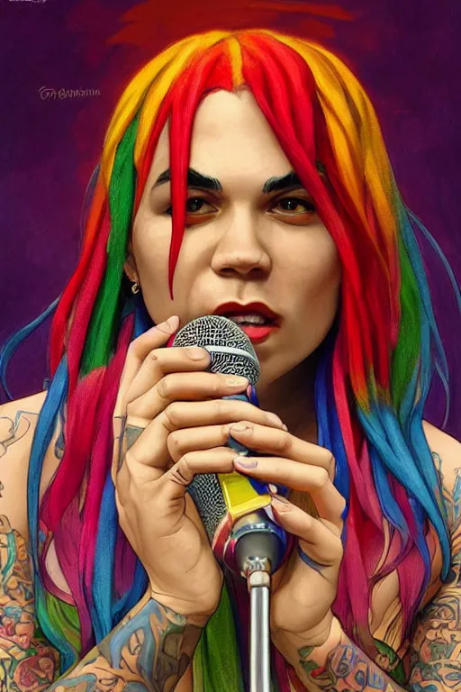 Prompt: colorful cottagecore tekashi 6ix9ine holding a microphone. intricate, elegant. highly detailed, digital painting, artstation, concept art, smooth, sharp, focus, illustration. . art by artgerm and greg rutkowski and alphonse mucha