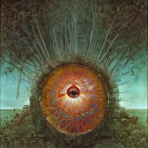 Image similar to an oil painting by botticelli, by arcimboldo, by yoshitaka amano, by beksinski seen through a kaleidoscope, detailed, high resolution