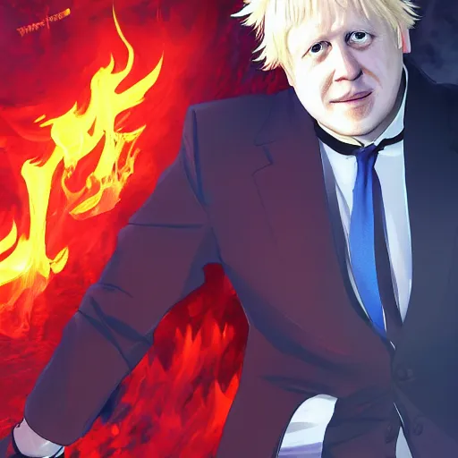 Image similar to portrait of boris johnson the arsonist, anime fantasy illustration by tomoyuki yamasaki, kyoto studio, madhouse, ufotable, comixwave films, trending on artstation